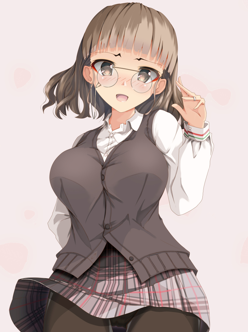 1girl alternate_costume arm_up black_legwear blush breasts brown_eyes buttons glasses grey_vest italian_flag jewelry kantai_collection large_breasts long_sleeves momin open_mouth pantyhose pince-nez ring roma_(kantai_collection) school_uniform shirt skirt smile vest wedding_band white_shirt