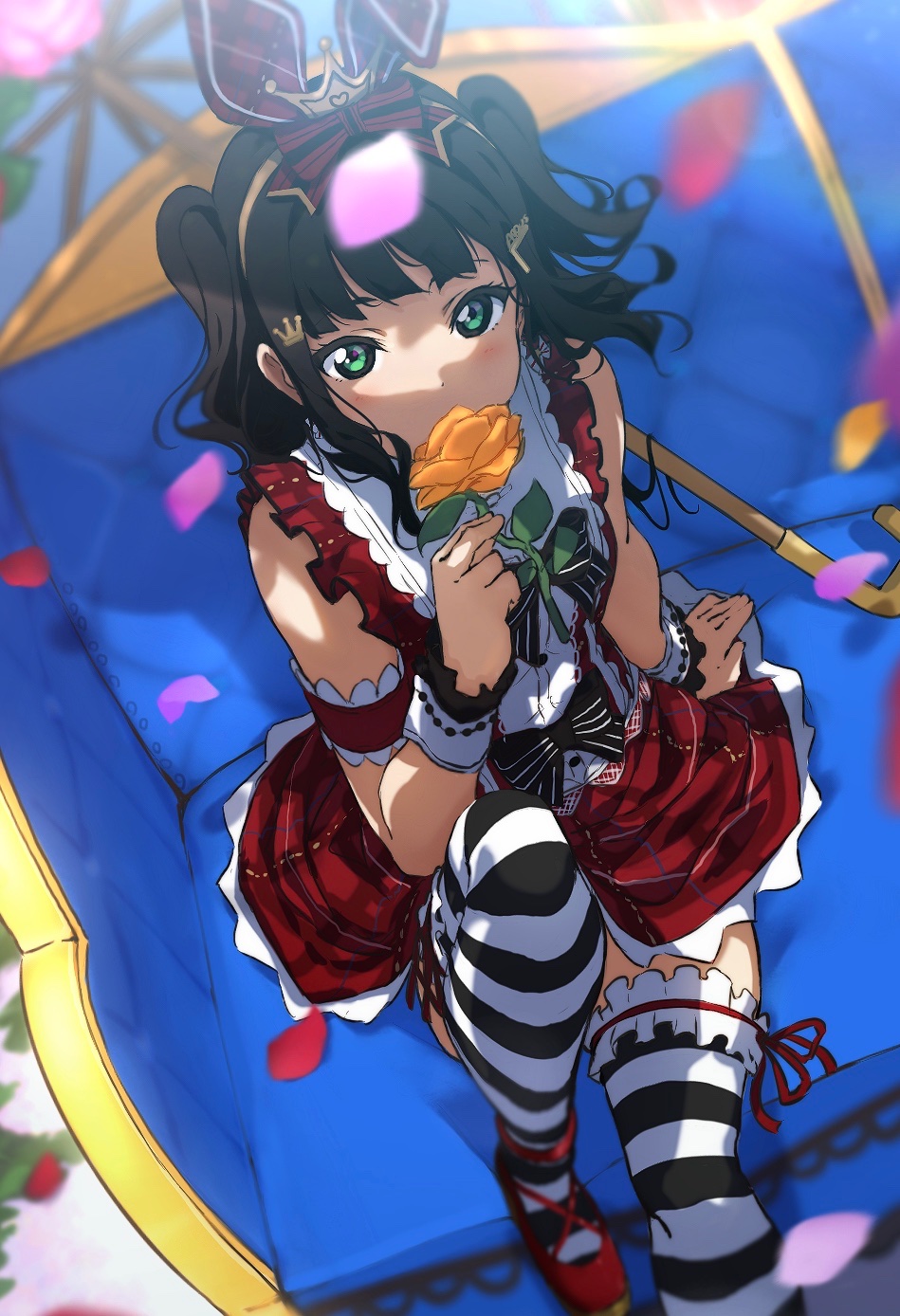 black_hair flower from_above green_eyes hair_ribbon headband highres icehotmilktea idol kurosawa_dia looking_up love_live! love_live!_sunshine!! red_footwear ribbon rose sitting striped striped_legwear twintails