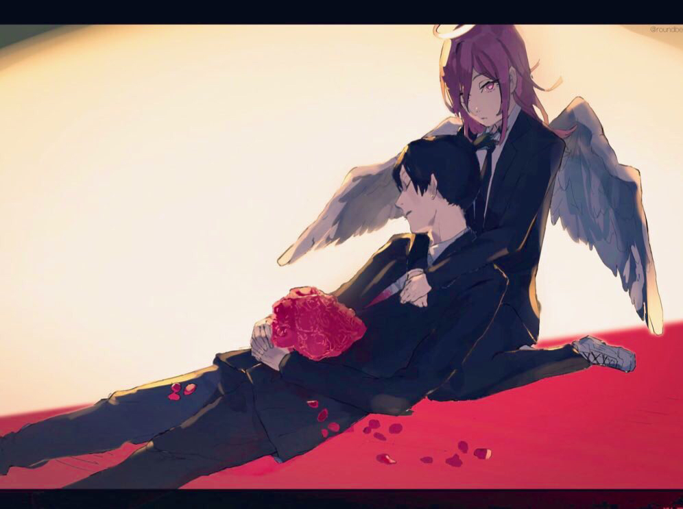 2boys angel angel_devil_(chainsaw_man) angel_wings black_hair black_jacket black_neckwear black_pants blood bloody_clothes brown_hair business_suit chainsaw_man feathered_wings flower formal halo hayakawa_aki head_tilt holding holding_flower hug hug_from_behind jacket long_hair long_sleeves looking_at_viewer lying lying_on_person medium_hair multiple_boys necktie on_back own_hands_together pants petals red_flower roundbee shirt shirt_tucked_in short_hair simple_background suit white_background white_shirt wings