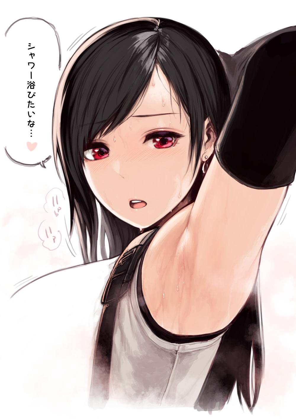 1girl arm_up armpits bangs black_hair blush breasts commentary_request earrings elbow_gloves embarrassed eyebrows_visible_through_hair eyelashes final_fantasy final_fantasy_vii final_fantasy_vii_remake gloves highres jewelry large_breasts looking_at_viewer open_mouth parted_bangs red_eyes shiny shiny_hair sidelocks simple_background solo speech_bubble sunaba_suzume suspenders sweat sweatdrop tank_top tifa_lockhart translation_request undershirt upper_body white_background white_tank_top