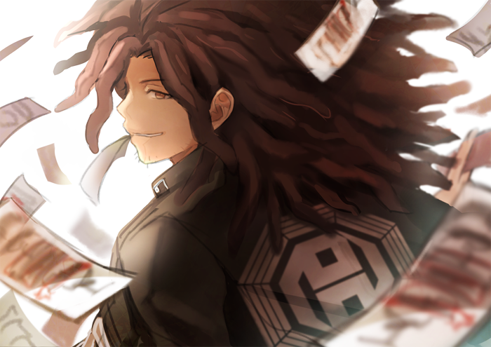 1boy back brown_eyes brown_hair chiko_(d04099) dangan_ronpa hagakure_yasuhiro hairlocs long_sleeves looking_at_viewer looking_back male_focus mouth_hold ofuda paper simple_background solo upper_body white_background