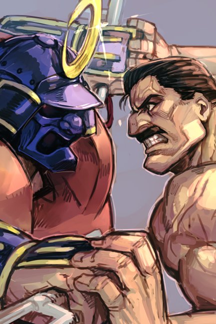 2boys anger_vein armor black_eyes black_hair clenched_teeth face facial_hair fighting final_fight glint hankuri helmet holding holding_weapon male_focus mike_haggar multiple_boys muscle mustache old_man profile shirtless simple_background sodom street_fighter street_fighter_zero_(series) teeth v-shaped_eyebrows veins weapon