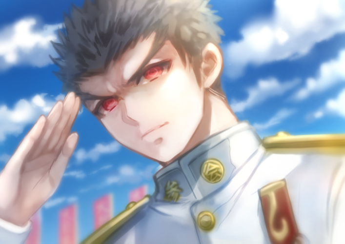 1boy black_hair blue_sky buttons chiko_(d04099) closed_mouth clouds collar dangan_ronpa epaulettes ishimaru_kiyotaka long_sleeves looking_at_viewer male_focus outdoors red_eyes salute short_hair sky solo spiky_hair upper_body