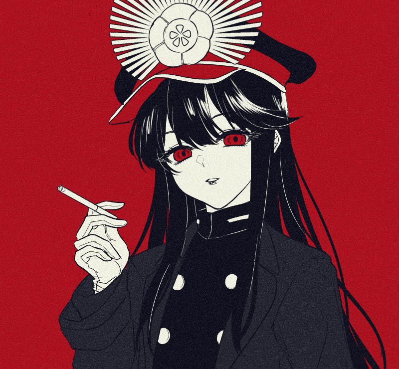 1girl bangs black_hair black_headwear black_jacket breasts buttons cigarette family_crest fate/grand_order fate_(series) gloves hat jacket kanon_(ikamiso) koha-ace long_hair long_sleeves looking_at_viewer monochrome oda_nobunaga_(fate) oda_nobunaga_(fate)_(all) oda_uri parted_lips peaked_cap red_background red_eyes sidelocks simple_background smoking solo