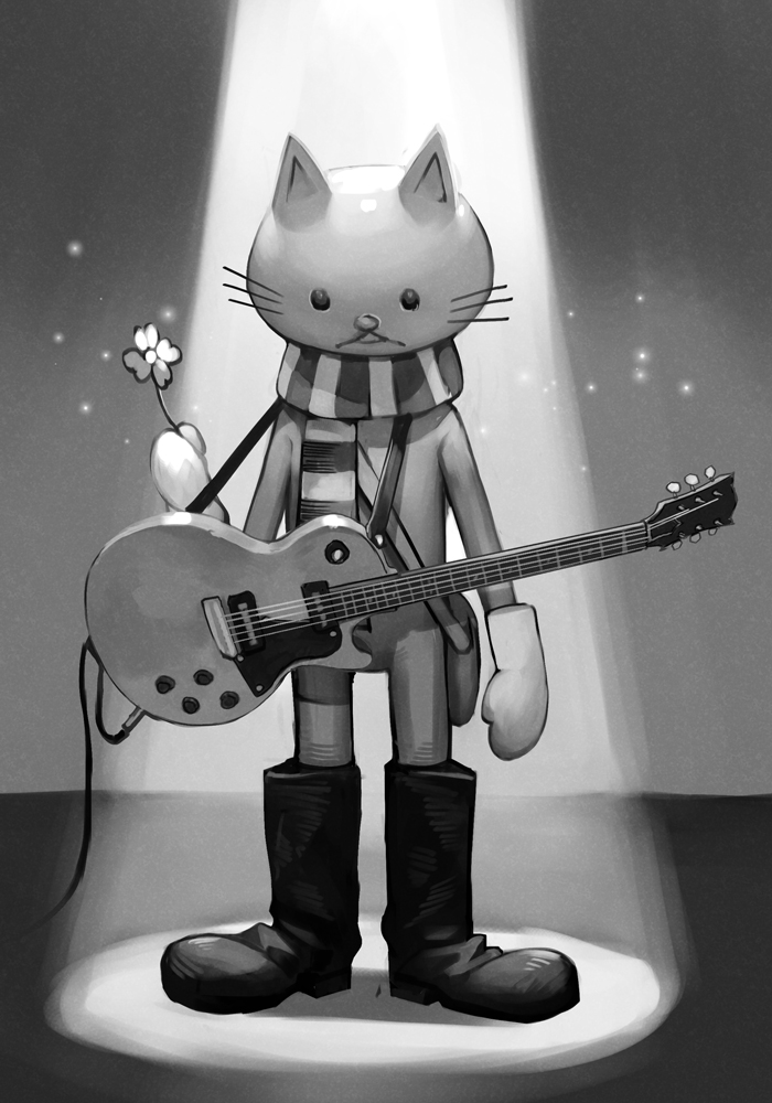 animal_ears bag boots cat cat_ears character_request copyright_request flower guitar hankuri holding holding_flower instrument looking_down monochrome scarf solo spotlight striped striped_scarf whiskers