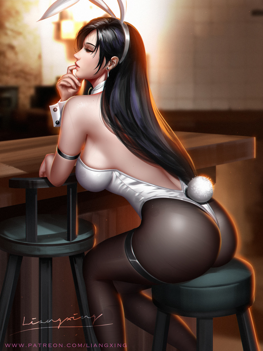 1girl animal_ears arm_strap ass black_hair black_legwear blurry blurry_background bunny_girl bunny_tail closed_eyes detached_collar earrings fake_animal_ears final_fantasy final_fantasy_vii finger_to_mouth highres jewelry leotard liang_xing lips long_hair pantyhose rabbit_ears sitting solo strapless strapless_leotard tail thigh_strap tifa_lockhart white_leotard wrist_cuffs