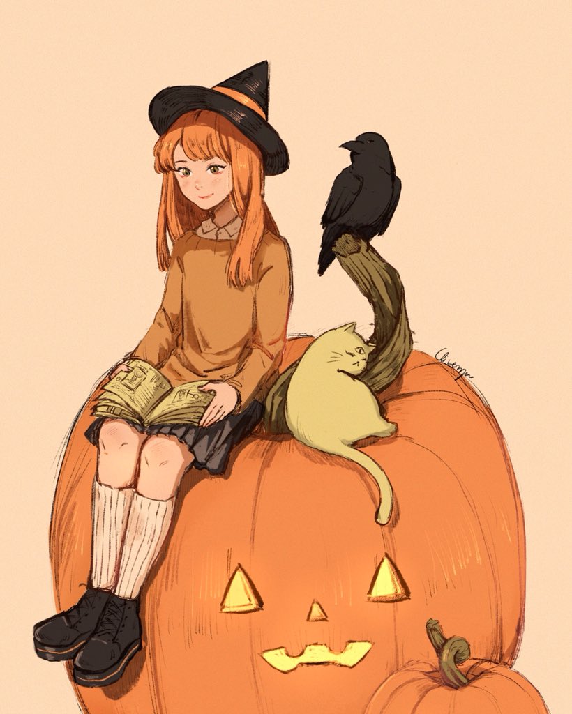 1girl bird black_footwear black_headwear book brown_sweater cat clivenzu closed_mouth commentary crow english_commentary graphite_(medium) grey_background grey_skirt hat holding holding_book jack-o'-lantern long_sleeves mixed_media open_book orange_eyes orange_hair original pleated_skirt pumpkin reading ribbed_legwear shoes signature skirt smile socks solo sweater third_eye traditional_media white_legwear witch_hat