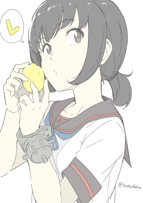 1girl bangs black_hair black_sailor_collar blue_neckwear brown_eyes eyebrows_visible_through_hair food fruit fubuki_(kantai_collection) kantai_collection lemon neck_ribbon ninimo_nimo o3o ponytail remodel_(kantai_collection) ribbon sailor_collar school_uniform serafuku short_ponytail short_sleeves simple_background solo speech_bubble twitter_username upper_body white_background