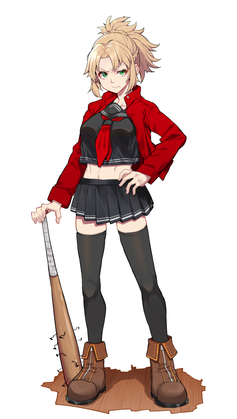 1girl alternate_costume bangs baseball_bat black_legwear black_skirt blonde_hair boots braid breasts brown_footwear collarbone commentary_request fate/apocrypha fate_(series) frown green_eyes highres holding_baseball_bat jacket long_hair long_sleeves looking_at_viewer midriff mikan_(chipstar182) mordred_(fate) mordred_(fate)_(all) nail nail_bat pleated_skirt ponytail red_jacket shirt simple_background skirt solo thigh-highs white_background