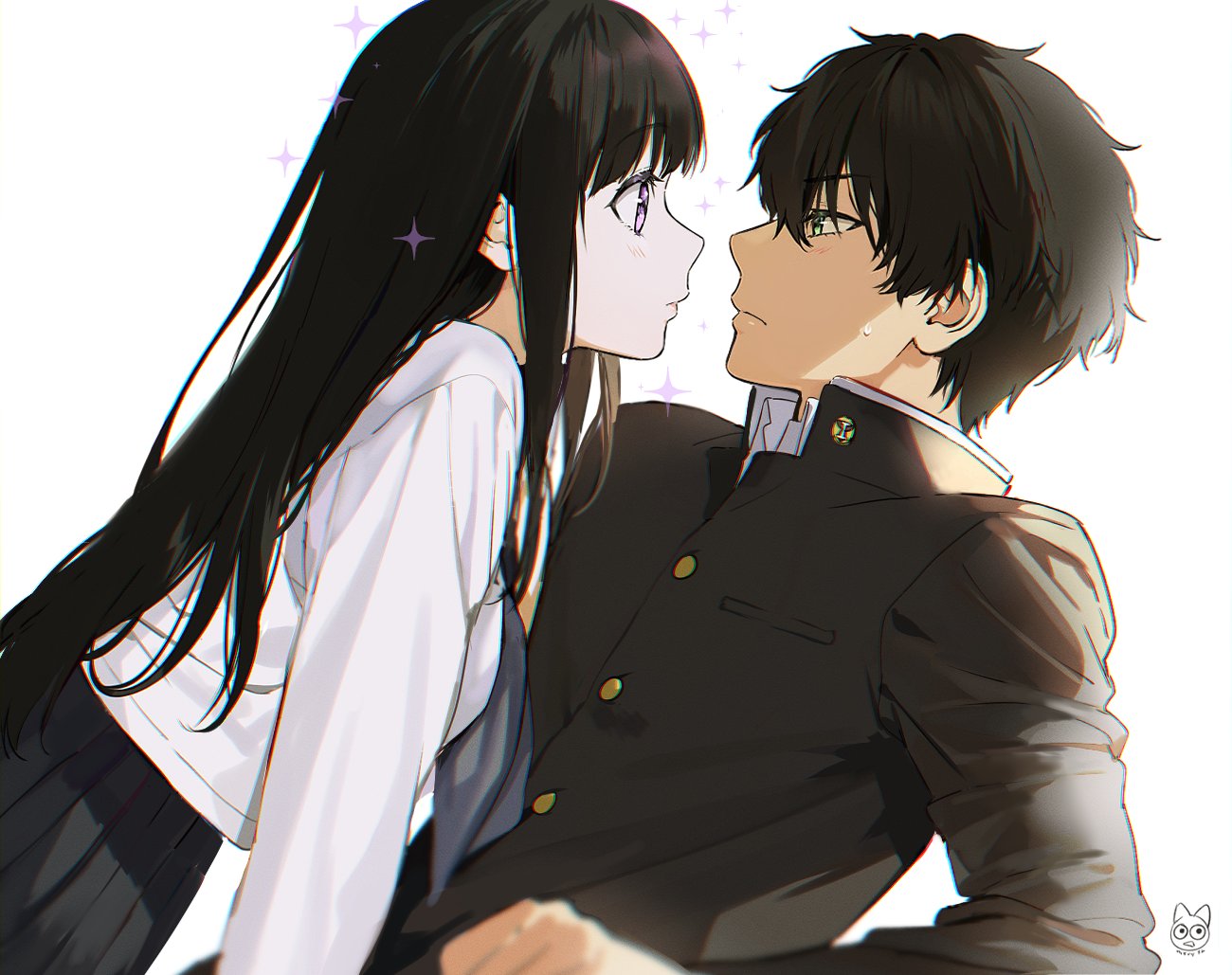 1boy 1girl bangs black_hair black_jacket black_skirt blouse blush breasts buttons chitanda_eru closed_eyes collar collared_jacket collared_shirt couple eye_contact eyebrows_visible_through_hair face-to-face from_side gakuran green_eyes grey_neckwear hair_between_eyes hetero hyouka jacket leaning leaning_back lips long_hair long_sleeves looking_at_another mery_(apfl0515) neckwear oreki_houtarou school_uniform serafuku shirt sidelocks signature simple_background skirt sparkle uniform violet_eyes white_background white_blouse white_shirt