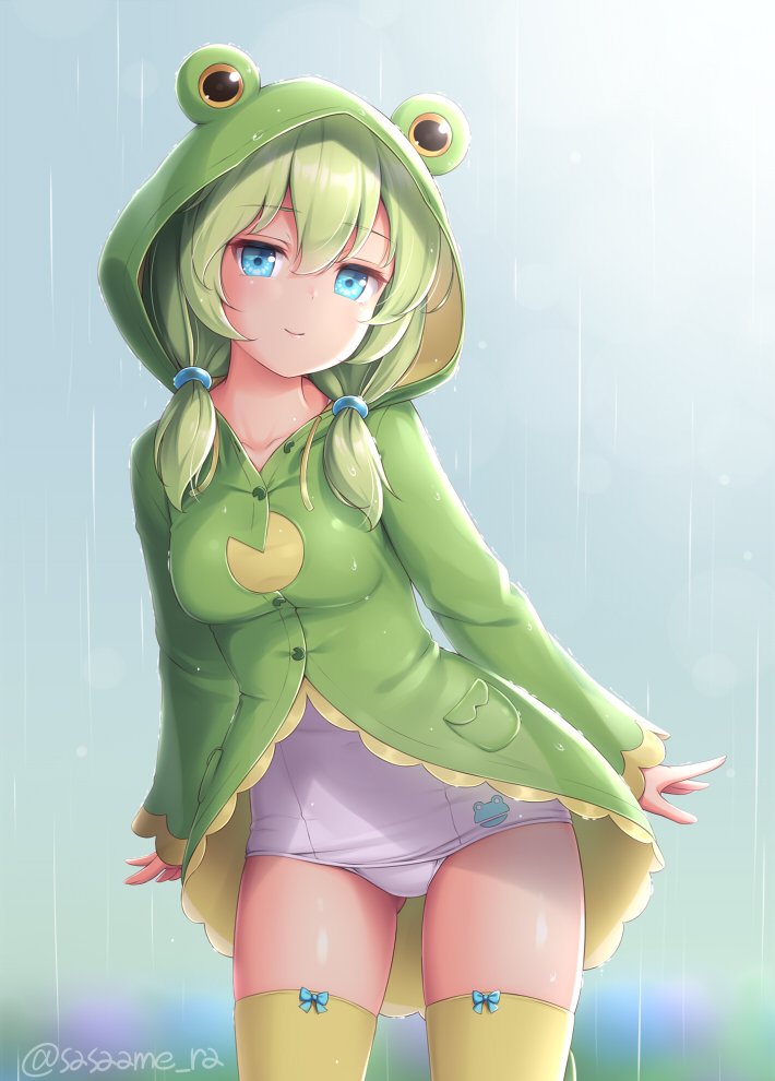 1girl arms_at_sides blue_eyes breasts closed_mouth contrapposto cowboy_shot eyebrows_visible_through_hair frog_hood green_hair hair_over_shoulder hood hood_up hooded_coat long_sleeves looking_at_viewer low_twintails medium_breasts medium_hair one-piece_swimsuit original rain raincoat sasaame school_swimsuit smile solo standing swimsuit thigh-highs twintails twitter_username white_swimsuit yellow_legwear