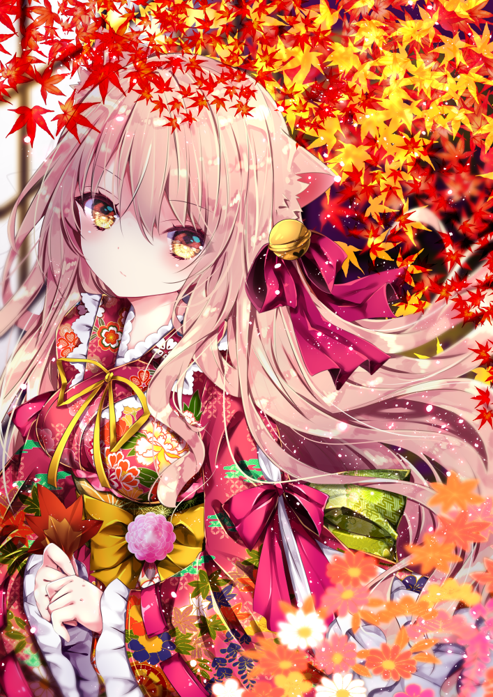 1girl animal_ear_fluff animal_ears autumn_leaves bell blurry blurry_foreground blush bow breasts brown_hair cat_ears closed_mouth commentary_request depth_of_field floral_print flower hair_bell hair_bow hair_ornament japanese_clothes jingle_bell kimono leaf long_sleeves looking_at_viewer maple_leaf medium_breasts nanase_kureha nanase_nao original pink_flower print_kimono purple_bow red_flower red_kimono sleeves_past_wrists solo white_flower wide_sleeves yellow_eyes