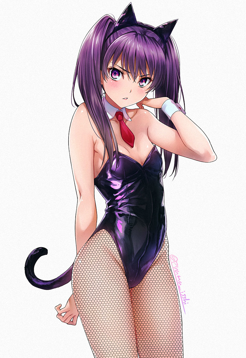 1girl animal_ears breasts commentary_request cowboy_shot detached_collar fake_animal_ears fishnet_legwear fishnets kittysuit leotard long_hair looking_at_viewer necktie original pantyhose puma_(hyuma1219) purple_hair purple_leotard red_neckwear simple_background small_breasts solo strapless strapless_leotard twintails violet_eyes white_background wrist_cuffs