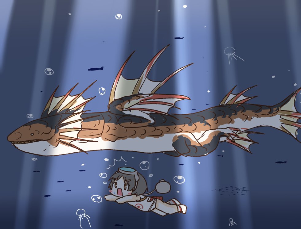 1girl black_hair blush bubble chibi crossover diving_mask diving_mask_on_head eyebrows_visible_through_hair fish jellyfish kantai_collection kz_kuzu maru-yu_(kantai_collection) monster monster_hunter one-piece_swimsuit open_mouth plesioth short_hair swimming swimsuit underwater white_swimsuit