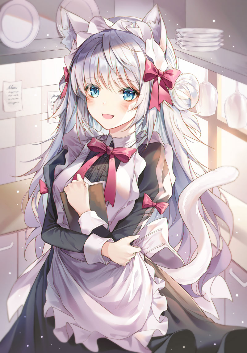1girl :d animal_ear_fluff animal_ears apron bangs black_dress blue_eyes blush bow breasts cat_ears cat_girl cat_tail checkered_wall commentary_request cup develop2 dress drinking_glass eyebrows_visible_through_hair frilled_apron frills hair_between_eyes hair_bow hair_rings holding indoors juliet_sleeves long_sleeves looking_at_viewer maid maid_apron maid_headdress open_mouth original plate puffy_sleeves red_bow silver_hair small_breasts smile solo tail tile_wall tiles white_apron wine_glass