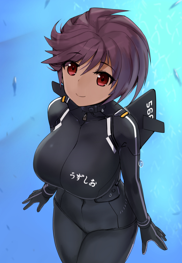 1girl ahoge breasts commentary_request eyebrows_visible_through_hair japan_maritime_self-defense_force japan_self-defense_force kuuro_kuro large_breasts looking_at_viewer mecha_musume military name_tag original personification purple_hair red_eyes short_hair smile solo swimsuit underwear