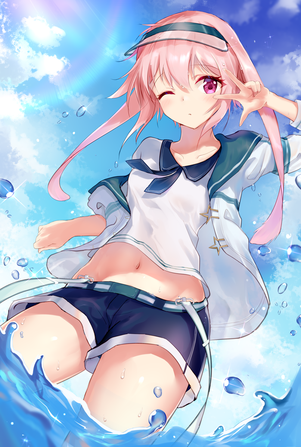 1boy animal_ears ansel_(arknights) arknights blue_sky clouds cloudy_sky commentary_request day hair_between_eyes hat highres male_focus natsuichi-sama navel official_alternate_costume one_eye_closed otoko_no_ko outdoors pink_eyes pink_hair rabbit_ears shorts sky solo wading