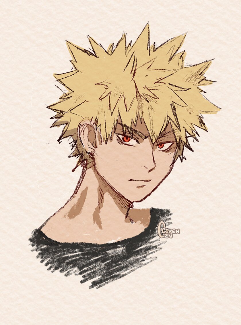 1boy artist_name bakugou_katsuki black_shirt blonde_hair boku_no_hero_academia clivenzu closed_mouth commentary english_commentary graphite_(medium) looking_at_viewer male_focus mixed_media portrait red_eyes sanpaku shirt solo spiky_hair traditional_media twitter_username