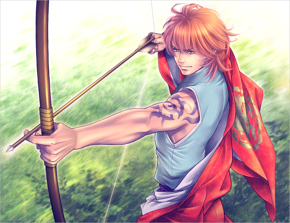 1boy aiming arm_tattoo arrow bow_(weapon) drawing_bow foreshortening frown gem harukanaru_toki_no_naka_de harukanaru_toki_no_naka_de_2 heian holding holding_arrow holding_bow_(weapon) holding_weapon japanese_clothes kimono kiske male_focus outstretched_arm redhead solo taira_no_katsuzane tattoo toned toned_male weapon yellow_eyes