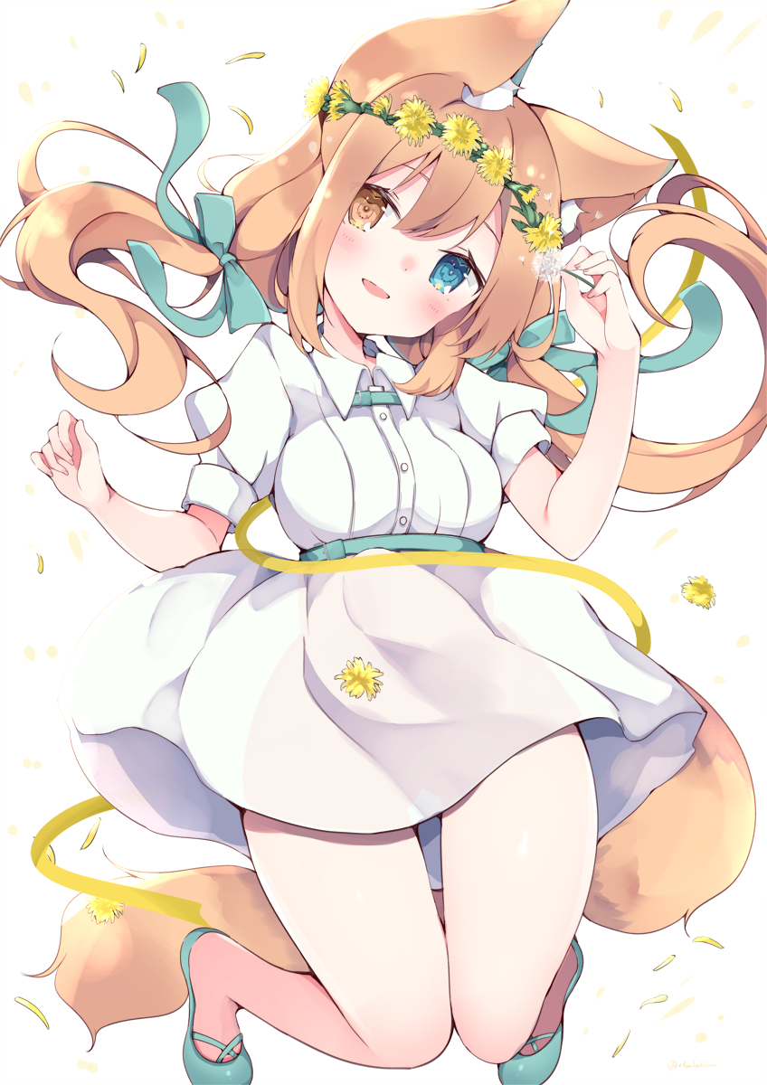 1girl animal_ear_fluff animal_ears bangs blue_bow blush bow breasts brown_hair cat_ears cat_tail full_body hair_bow head_wreath heterochromia highres looking_at_viewer medium_breasts open_mouth original satsuki_mayuri solo tail twintails white_background