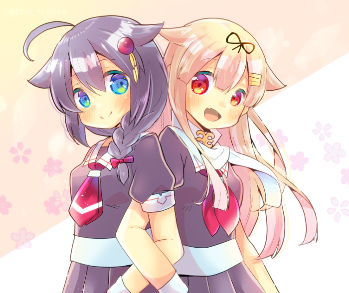 2girls :d ahoge black_hair black_ribbon black_serafuku black_shirt black_skirt blonde_hair blue_eyes blush braid breasts brown_background closed_mouth commentary_request fang floral_background hair_flaps hair_ornament hair_over_shoulder hair_ribbon hairclip kantai_collection kouu_hiyoyo locked_arms long_hair multiple_girls neckerchief open_mouth pleated_skirt red_eyes red_neckwear remodel_(kantai_collection) ribbon sailor_collar school_uniform serafuku shigure_(kantai_collection) shirt skirt small_breasts smile two-tone_background very_long_hair white_background white_sailor_collar yuudachi_(kantai_collection)