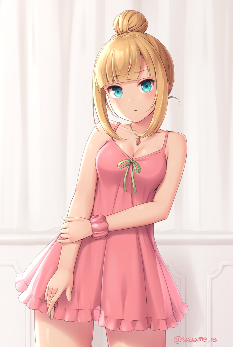 1girl bare_shoulders blonde_hair blue_eyes blush closed_mouth cowboy_shot dress eyebrows_visible_through_hair green_neckwear green_ribbon hair_bun looking_at_viewer neck_ribbon original pink_dress ribbon sasaame solo standing twitter_username