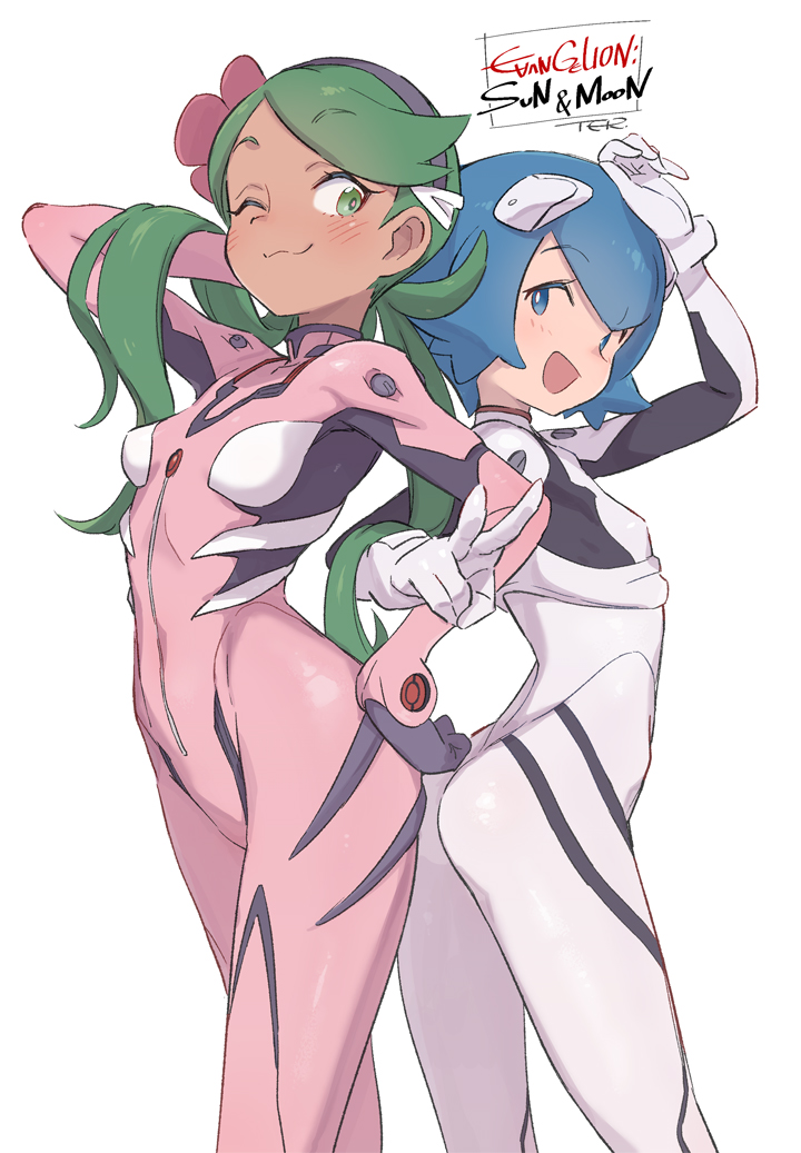 2girls :3 ayanami_rei ayanami_rei_(cosplay) blue_eyes blue_hair copyright_name cosplay covered_navel green_eyes green_hair makinami_mari_illustrious makinami_mari_illustrious_(cosplay) mallow_(pokemon) multiple_girls neon_genesis_evangelion one_eye_closed plugsuit pokemon pokemon_(game) pokemon_sm rebuild_of_evangelion short_hair simple_background smile suiren_(pokemon) toku_(ke7416613) twintails white_background