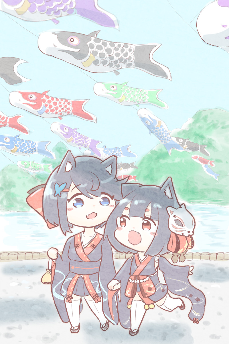 2girls :3 :d animal_ear_fluff animal_ears azur_lane bangs black_hair black_kimono blue_eyes blue_sky blush_stickers bow butterfly_hair_ornament cat_ears collarbone commentary_request eyebrows_visible_through_hair fang fox_mask full_body fusou_(azur_lane) hair_between_eyes hair_bow hair_ornament hairclip highres hima_jin_(fd_jin) holding_hands holding_pouch japanese_clothes kimono kinchaku kodomo_no_hi koinobori long_sleeves looking_at_another mask mask_on_head mountain multiple_girls obi open_mouth pouch red_eyes river sandals sash short_hair short_kimono sidelocks sky smile standing swept_bangs thigh-highs walking white_legwear wide_sleeves yamashiro_(azur_lane) younger