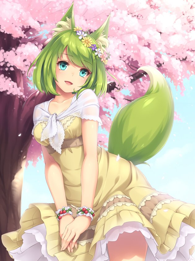 1girl :d animal_ear_fluff animal_ears blue_eyes blush capelet cherry_blossoms daisy day dress flower fox_ears fox_tail green_fox_(sasaame) green_hair head_tilt head_wreath looking_at_viewer open_mouth original outdoors own_hands_together pink_flower purple_flower sasaame short_hair smile solo standing tail tree white_capelet white_flower wristband yellow_dress yellow_flower
