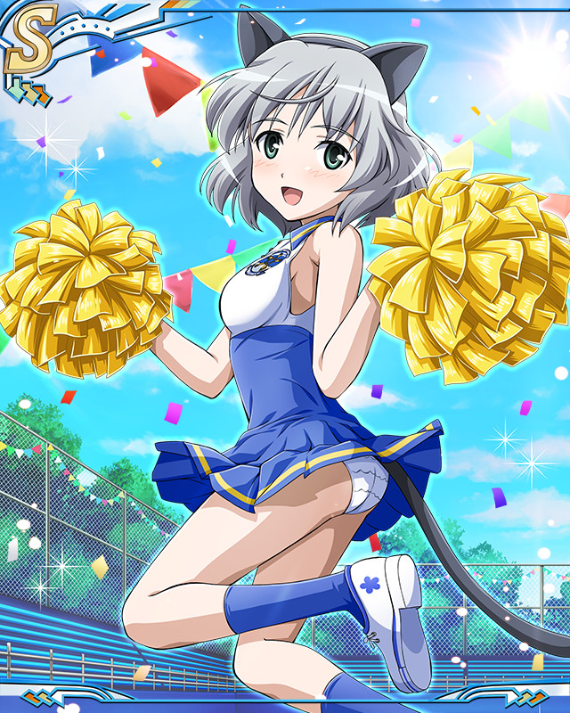 artist_request bangs blue_legwear breasts character_request eyebrows_visible_through_hair fence grey_hair holding holding_pom_poms looking_at_viewer official_art open_mouth panties pom_poms short_hair solo strike_witches striped tree underwear world_witches_series