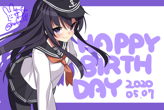 1girl akatsuki_(kantai_collection) black_headwear black_legwear black_sailor_collar black_skirt blush cowboy_shot dated eyebrows_visible_through_hair flat_cap haiba_09 hair_between_eyes happy_birthday hat kantai_collection long_hair long_sleeves neckerchief pantyhose pleated_skirt purple_hair red_neckwear sailor_collar school_uniform serafuku signature skirt smile solo twitter_username violet_eyes