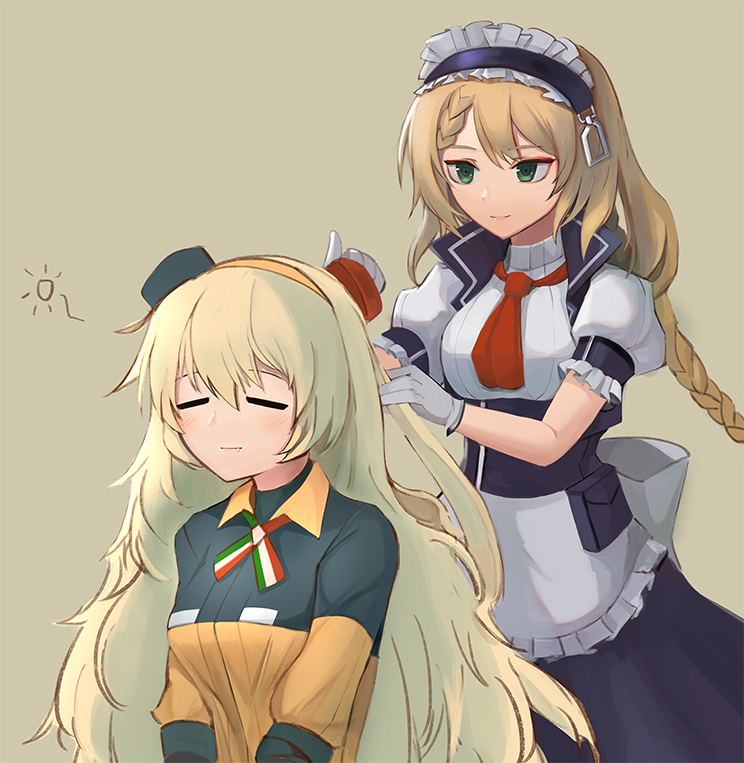 2girls apron blonde_hair braid closed_eyes fang g36_(girls_frontline) girls_frontline gloves green_eyes hair_brush hair_brushing hairband hat lion_(dielion) long_hair maid maid_headdress messy_hair multiple_girls s.a.t.8_(girls_frontline) smile very_long_hair