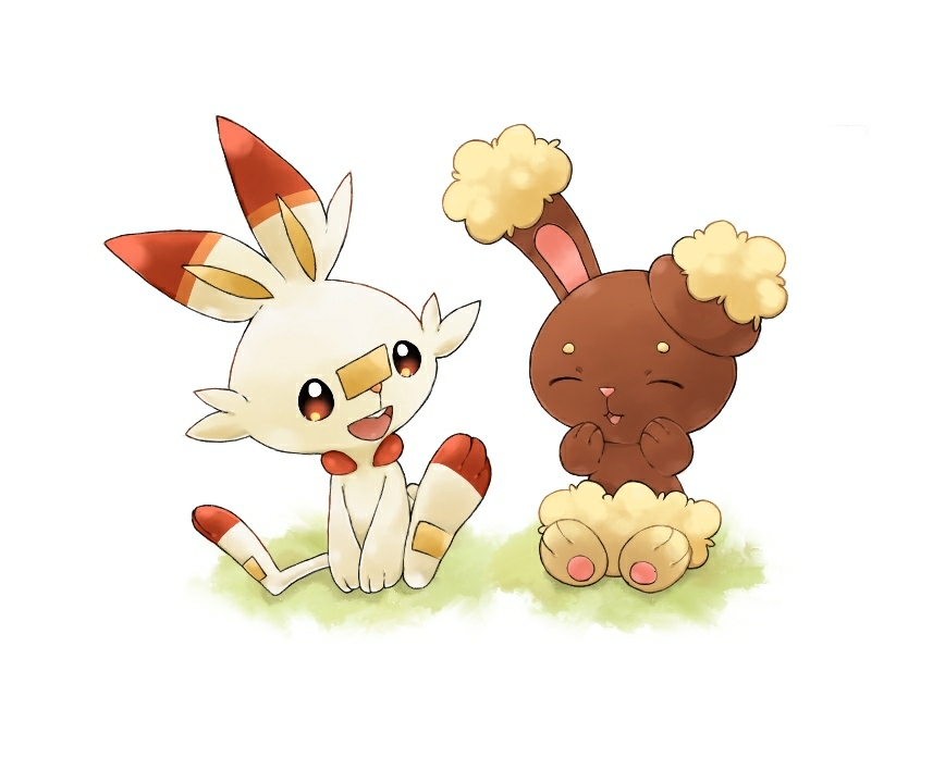 :d ^_^ brown_eyes buneary bunny_focus closed_eyes commentary_request creature full_body gen_4_pokemon gen_8_pokemon happy looking_at_another minamo_(pixiv17726065) no_humans open_mouth pokemon pokemon_(creature) rabbit scorbunny simple_background sitting smile white_background