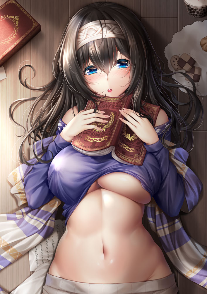 1girl :o bare_shoulders black_hair blue_eyes blush book breasts commentary_request cookie dakimakura food graphite_(medium) hair_between_eyes hairband holding holding_book idolmaster idolmaster_cinderella_girls large_breasts long_hair looking_at_viewer lying navel off-shoulder_shirt off_shoulder on_back on_floor plaid_shawl plump purple_shirt sagisawa_fumika shirt shirt_lift skirt solo traditional_media under_boob white_skirt xiao_yao_xiong_(xy450425885)