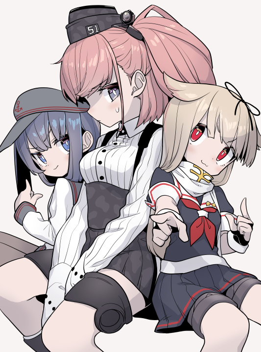 3girls :3 akatsuki_(kantai_collection) anchor_symbol atlanta_(kantai_collection) black_gloves black_headwear black_ribbon black_serafuku black_skirt blonde_hair blush brown_hair buttons eyebrows_visible_through_hair fingerless_gloves flat_cap garrison_cap gloves grey_background grey_eyes hair_between_eyes hair_flaps hair_ribbon hat high-waist_skirt kantai_collection long_hair long_sleeves monaka_ooji multiple_girls neckerchief pleated_skirt purple_hair red_eyes red_neckwear remodel_(kantai_collection) ribbon scarf school_uniform serafuku shirt short_sleeves simple_background skirt smile suspender_skirt suspenders two_side_up v-shaped_eyebrows violet_eyes white_gloves white_scarf white_shirt yuudachi_(kantai_collection)