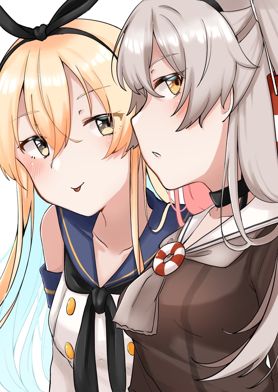 2girls amatsukaze_(kantai_collection) black_neckwear blonde_hair blue_sailor_collar brown_dress brown_eyes brown_neckwear commentary_request crop_top dress elbow_gloves gloves grey_eyes hair_tubes highres kantai_collection long_hair looking_at_viewer multiple_girls neckerchief sailor_collar sailor_dress shimakaze_(kantai_collection) silver_hair suzuka_sutera tongue tongue_out two_side_up upper_body white_gloves white_sailor_collar windsock