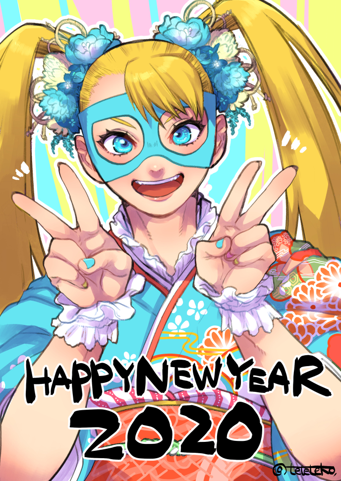 1girl 2020 blonde_hair blue_eyes blue_kimono commentary_request double_v floral_print flower hair_flower hair_ornament happy_new_year japanese_clothes kimono long_hair looking_at_viewer mask multicolored multicolored_nails nail_polish new_year obi rainbow_mika sash smile solo street_fighter street_fighter_v teko_(tawake) twintails v wrestling_mask wrist_cuffs