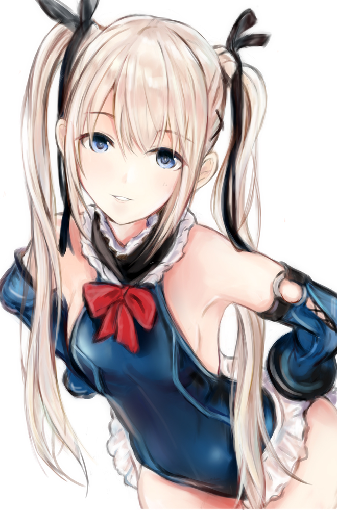 1girl :d armpits bangs bare_shoulders black_ribbon blonde_hair blue_eyes blue_leotard blush bow breasts dead_or_alive dead_or_alive_5 dead_or_alive_6 detached_sleeves eyebrows_visible_through_hair frills hair_ribbon hands_on_hips leotard long_hair looking_at_viewer marie_rose nannacy7 open_mouth red_bow ribbon sidelocks simple_background small_breasts smile solo twintails white_background