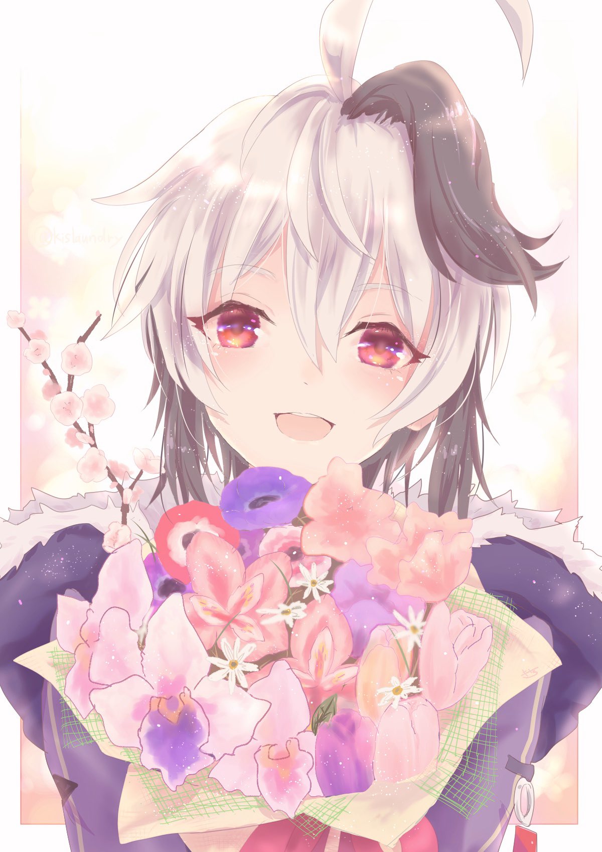 1girl ahoge artist_name bouquet branch cherry_blossoms commentary congratulations dated flower flower_(vocaloid) fur-trimmed_jacket fur_trim gynoid_talk highres holding holding_bouquet jacket kisalaundry light_blush looking_at_viewer morning_glory multicolored_hair open_mouth pink_flower purple_flower purple_hair purple_jacket red_eyes red_flower short_hair smile solo streaked_hair upper_body v_flower_(gynoid_talk) vocaloid white_hair