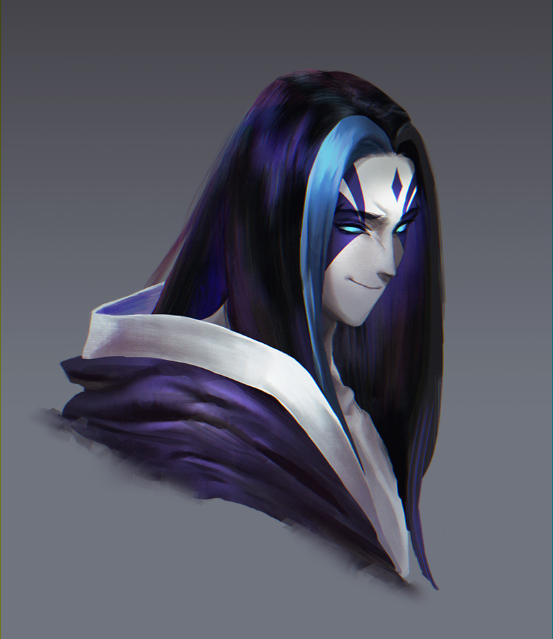 1boy big_eye blue_hair closed_mouth collarbone dark_blue_hair face facial_mark glowing glowing_eyes grey_background kayneth_el-melloi_archibald league_of_legends light_blue_hair lol_kuno long_hair male_focus multicolored multicolored_hair no_pupils pale_skin simple_background smile solo upper_body