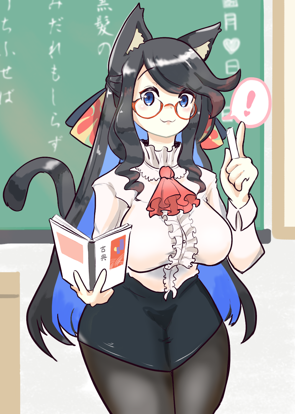 ! 1girl :3 alternate_costume animal_ear_fluff animal_ears ascot azur_lane bangs bespectacled black_hair black_legwear black_skirt blue_eyes blue_hair blush book bow breasts cat_ears cat_tail center_frills chalk chalkboard classroom commentary_request cowboy_shot desk eyebrows_visible_through_hair frilled_shirt_collar frills fusou_(azur_lane) glasses hair_bow hair_ornament highres hima_jin_(fd_jin) holding holding_book holding_chalk index_finger_raised large_breasts long_hair long_sleeves looking_at_viewer multicolored_hair pantyhose pencil_skirt red_neckwear round_eyewear shirt sidelocks skirt smile solo spoken_exclamation_mark standing swept_bangs tail teacher two-tone_hair white_shirt