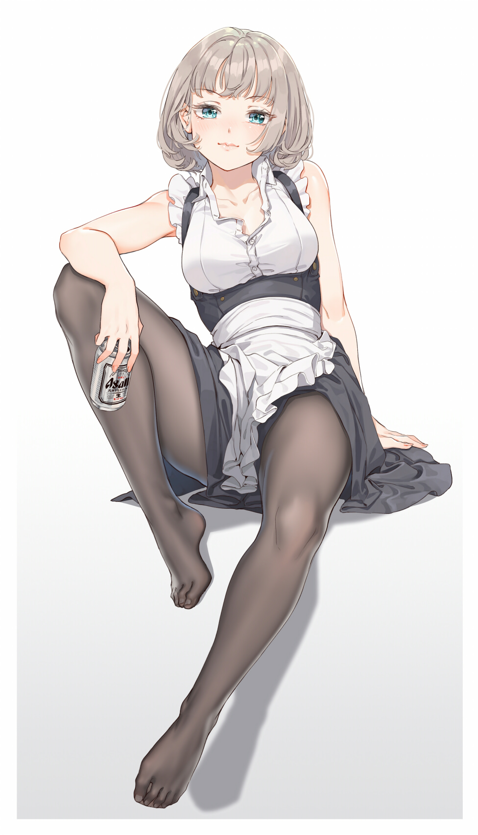 1girl :3 apron arm_support armpits bare_arms bare_shoulders beer_can black_skirt blue_eyes breasts brown_legwear can collarbone collared_shirt fangxiang_cuoluan feet frilled_shirt frills full_body highres holding knee_up looking_at_viewer maid maid_apron medium_breasts no_shoes original pantyhose partially_unbuttoned shadow shirt short_hair silver_hair sitting skirt sleeveless sleeveless_shirt solo underbust waist_apron white_shirt