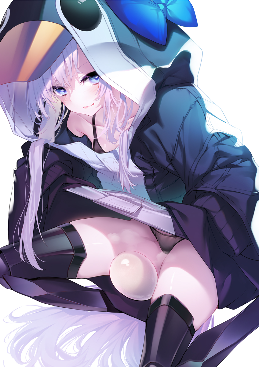 1girl animal_hood bangs bare_shoulders bikini black_bikini black_jacket blue_bow blue_eyes blush bow breasts closed_mouth collarbone egg fate/grand_order fate_(series) greaves highres hood hood_up jacket jacket_lift licking_lips long_hair long_sleeves looking_at_viewer meltryllis meltryllis_(swimsuit_lancer)_(fate) penguin_hood prosthesis prosthetic_leg purple_hair simple_background sleeves_past_fingers sleeves_past_wrists small_breasts solo swimsuit thighs tongue tongue_out very_long_hair white_background yaguo