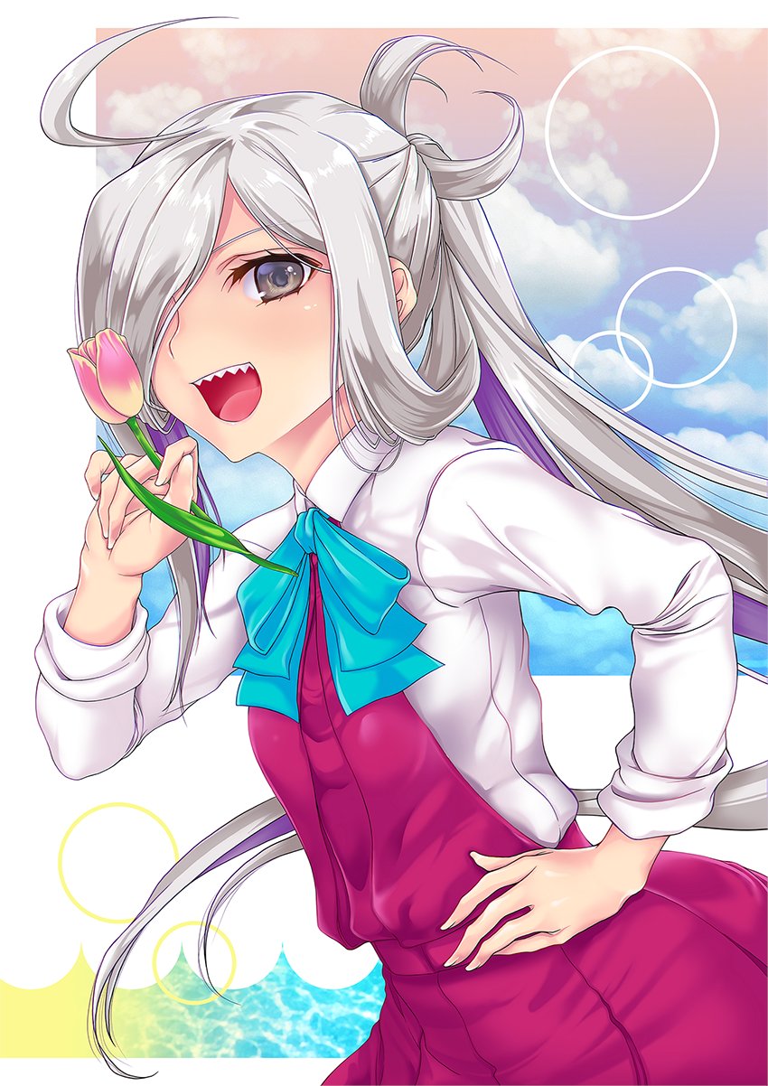1girl ahoge asashimo_(kantai_collection) blazer bow bowtie flower grey_eyes hair_over_one_eye hand_on_hip highres holding holding_flower jacket kantai_collection long_hair long_sleeves marie_(bethlehem) open_mouth pink_tulip ponytail school_uniform sharp_teeth shirt silver_hair sleeves_rolled_up teeth tulip white_shirt