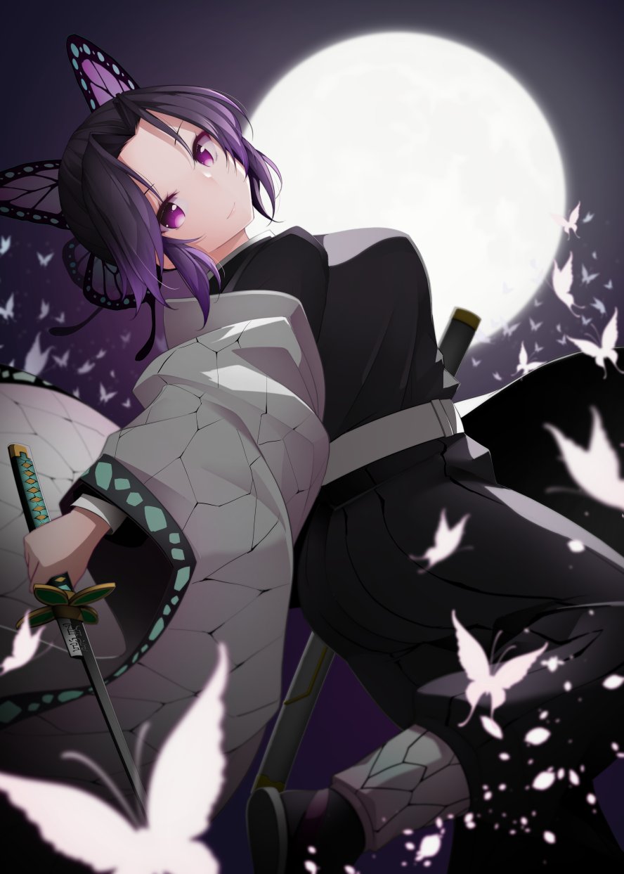 1girl breasts bug butterfly butterfly_hair_ornament from_side full_moon hair_ornament haori highres holding holding_sword holding_weapon insect japanese_clothes katana kimetsu_no_yaiba kirigakure_(kirigakure_tantei_jimusho) kochou_shinobu large_breasts moon purple_hair smile solo sword violet_eyes weapon