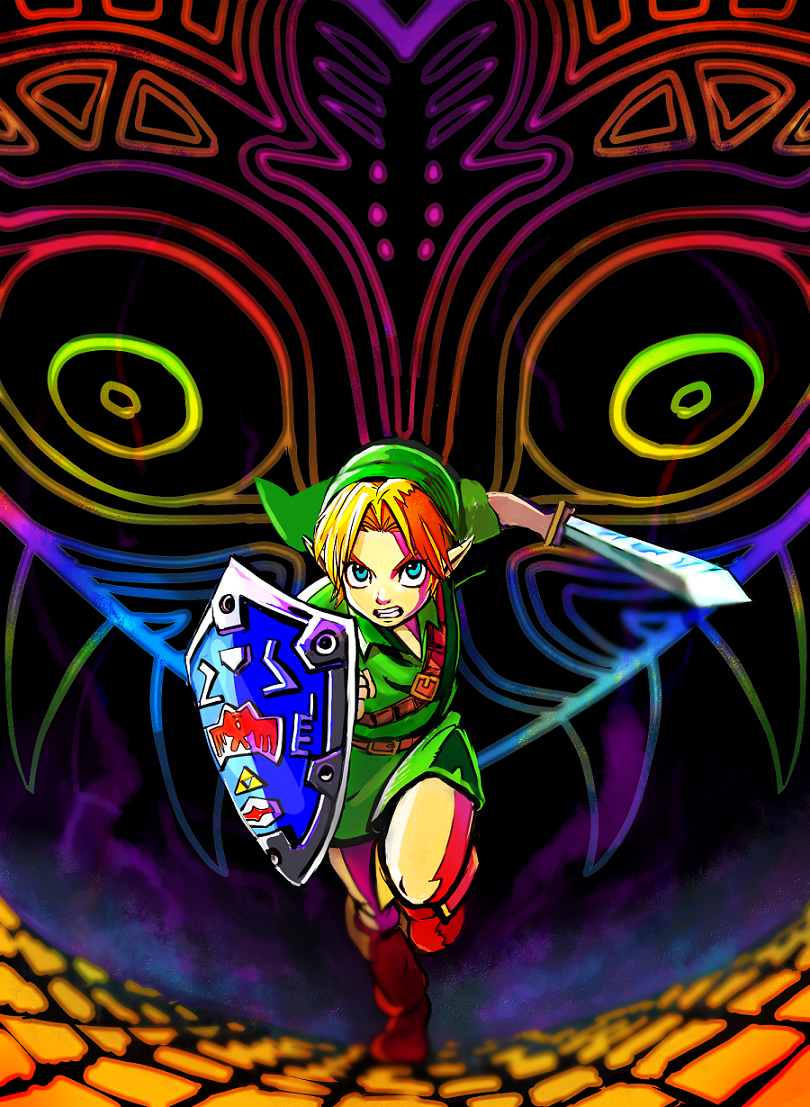 1boy abstract_background blue_eyes boots butiboco clenched_teeth green_headwear green_tunic link majora_(entity) pointy_ears running shield sword teeth the_legend_of_zelda the_legend_of_zelda:_majora's_mask weapon young_link