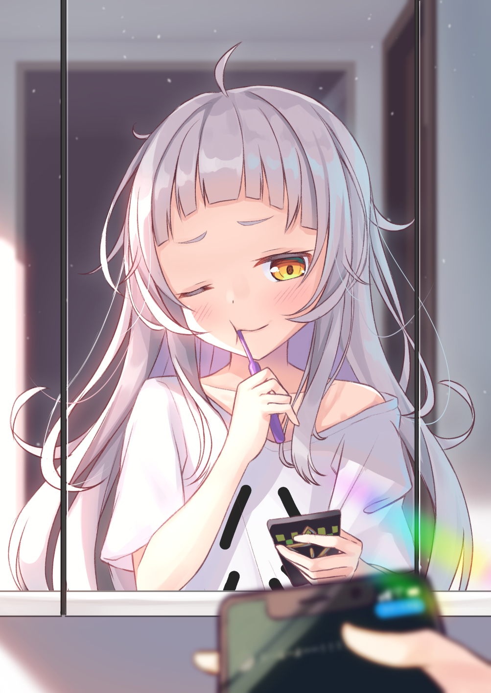 1girl :t ahoge blurry blurry_foreground blush brown_eyes cellphone closed_mouth clothes_writing collarbone commentary_request depth_of_field furrowed_eyebrows head_tilt highres holding holding_phone holding_toothbrush hololive kugatsu_tooka long_hair looking_at_viewer messy_hair mirror murasaki_shion one_eye_closed phone reflection shirt short_sleeves smartphone solo toothbrush virtual_youtuber white_shirt