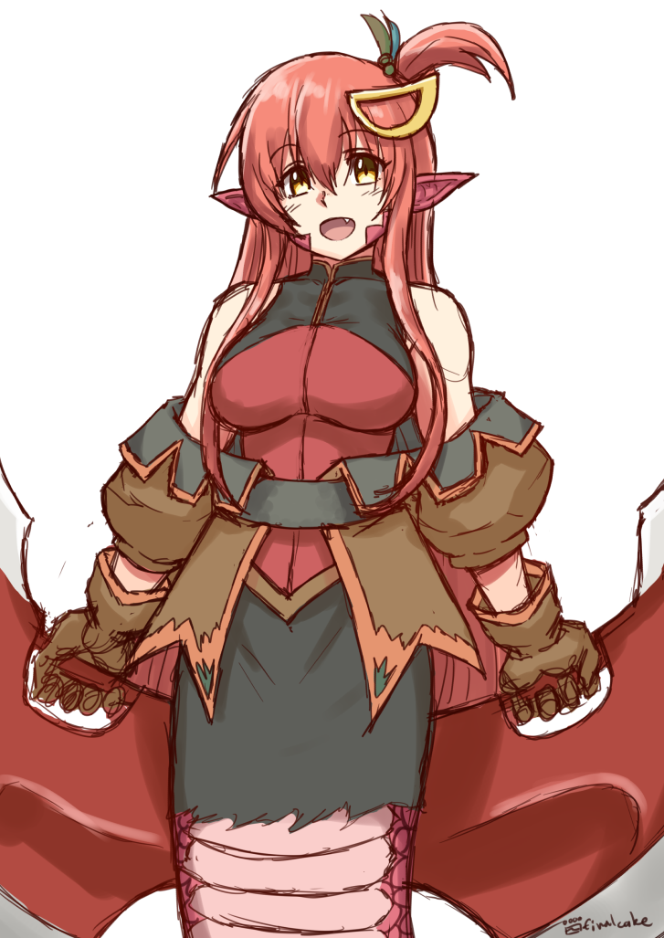 1girl :d alternate_hairstyle bare_shoulders blush breasts coat cosplay eyebrows_visible_through_hair fang finalcake gloves hair_between_eyes hair_ornament hairclip holding holding_weapon lamia large_breasts long_hair looking_at_viewer miia_(monster_musume) monster_girl monster_musume_no_iru_nichijou nan_(tales) nan_(tales)_(cosplay) open_mouth pointy_ears redhead scales side_ponytail sidelocks simple_background sketch skirt smile solo spandex tail tales_of_(series) tales_of_vesperia weapon white_background yellow_eyes