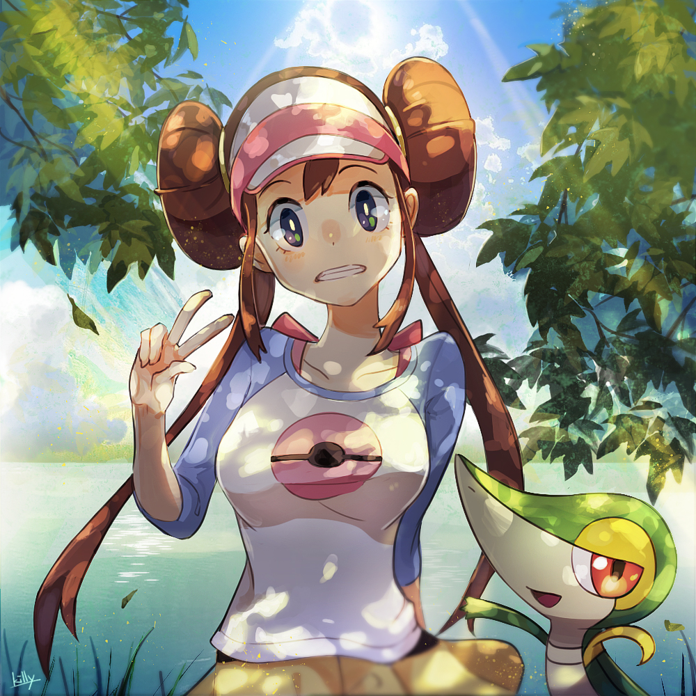 1girl arm_behind_back artist_name blue_sky branch breasts bright_pupils brown_hair clouds collarbone day double_bun gen_5_pokemon grass hand_up killy_doodle leaf long_hair medium_breasts mei_(pokemon) outdoors pantyhose pokemon pokemon_(creature) pokemon_(game) pokemon_bw2 raglan_sleeves shirt sidelocks sky sleeves_past_elbows snivy teeth twintails violet_eyes water white_pupils