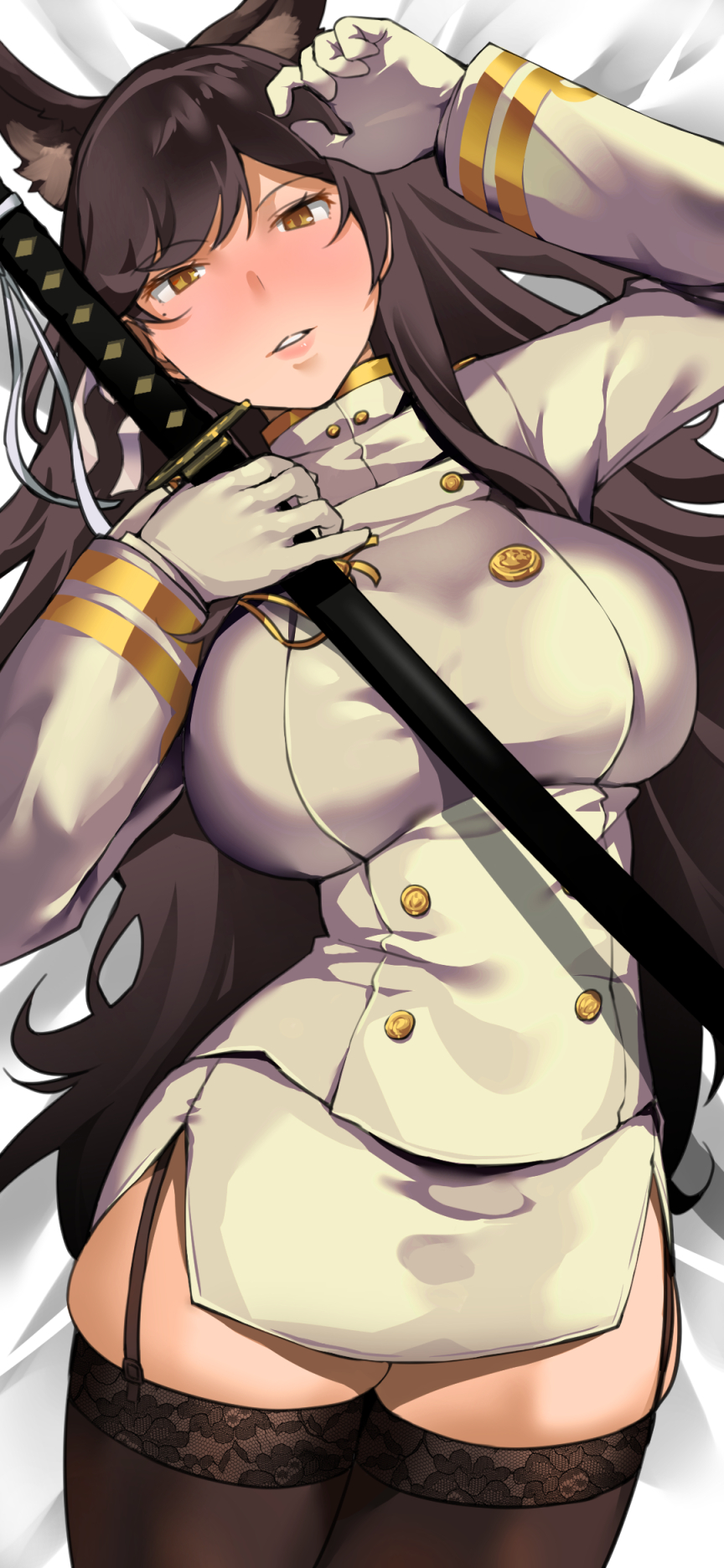 1girl animal_ears atago_(azur_lane) azur_lane bakkanki bangs black_hair black_legwear blush breasts brown_eyes extra_ears eyebrows_visible_through_hair garter_straps gloves highres holding holding_sword holding_weapon jacket katana large_breasts long_hair long_sleeves looking_at_viewer lying military military_uniform miniskirt mole mole_under_eye nose_blush on_back parted_lips pencil_skirt sheath sheathed side_slit skindentation skirt solo swept_bangs sword thigh-highs uniform weapon white_gloves white_jacket white_skirt zettai_ryouiki